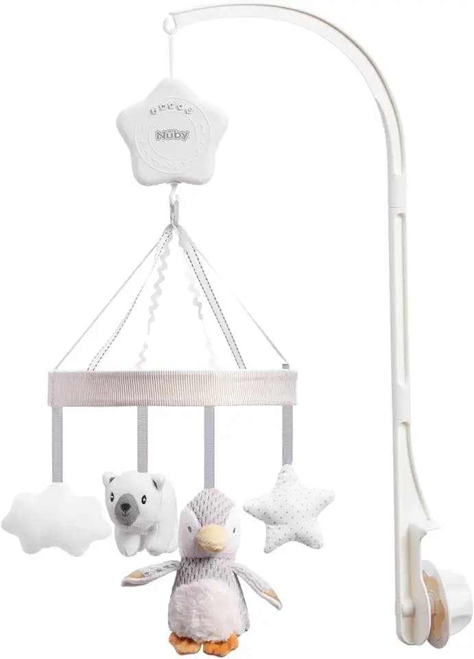 Nuby Kinderbett-Mobile für Babys mit verstellbarem Arm, geeignet für alle Babybetten. Süße Plüschfiguren in Weiß und Grau, einschließlich Pebbles the Pinguin und Pals (1 Stück)