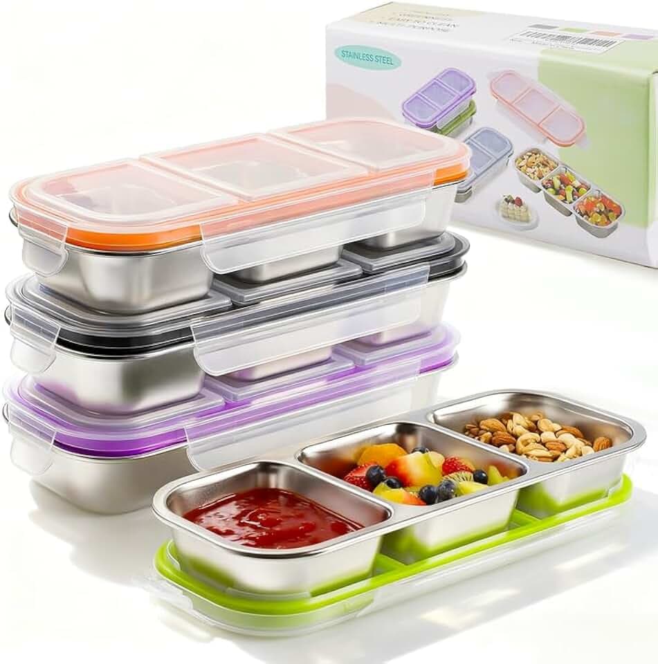 4 Pack Stainless Steel Snack Containers with Lids 3 Compartments