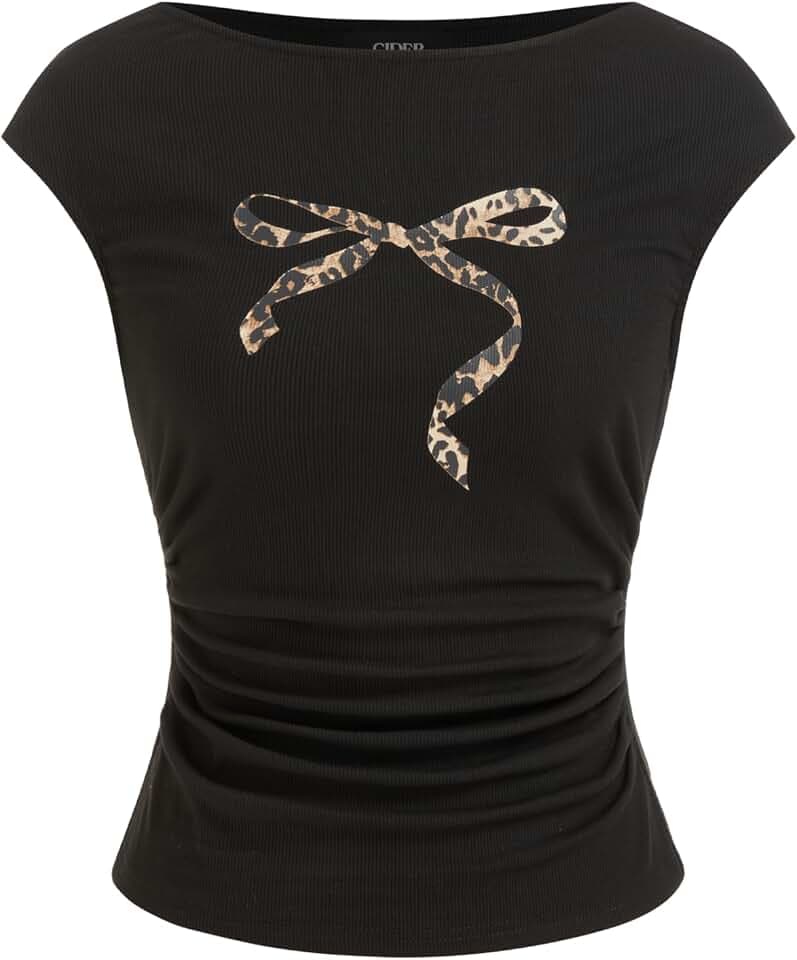 CIDER Women's Crop Tank Tops Boat Neck Leopard Bow Sleeveless Ruched Tops Slim Fit Cute Summer Outfits Trendy