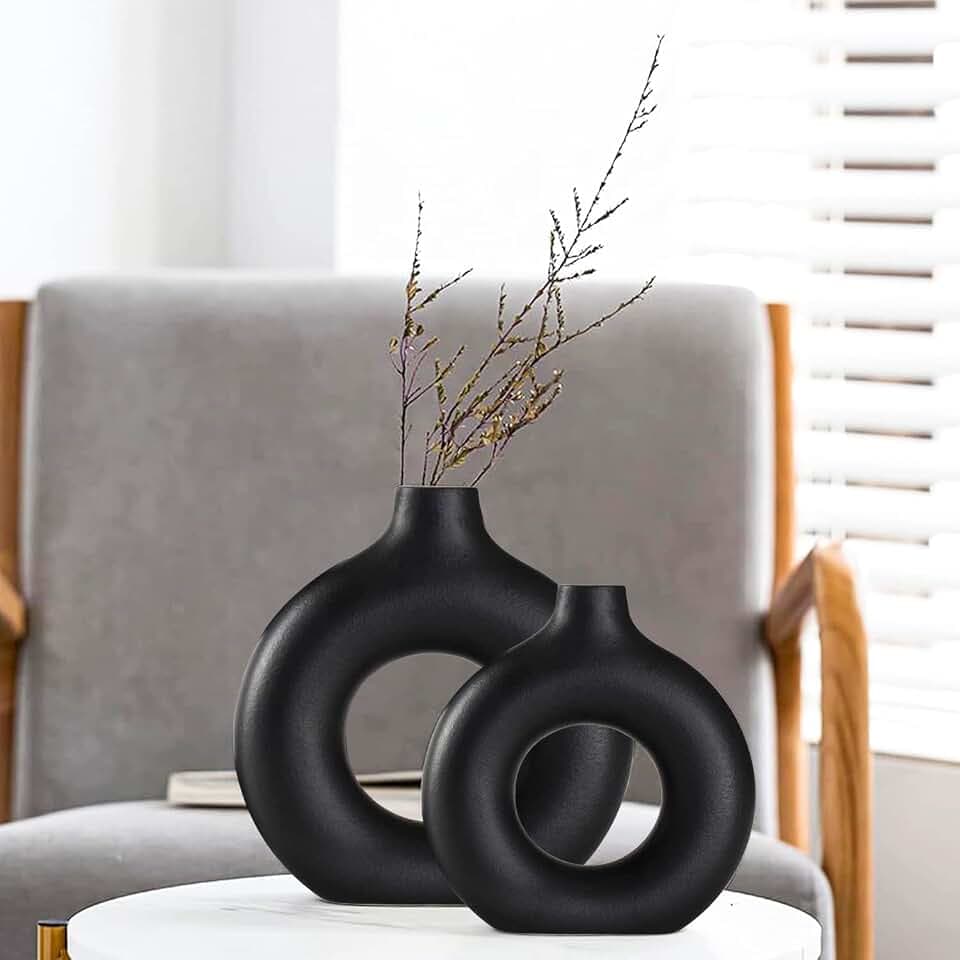 Keramik Vase, Schwarze Set of 2 Blumenvasen aus Keramik für Wohnungsdeko Trockenblumen Deko Vasen für Tischdecko mit Pampasgras, Zimmer Deko für Geschenk, Große Mittelgroße