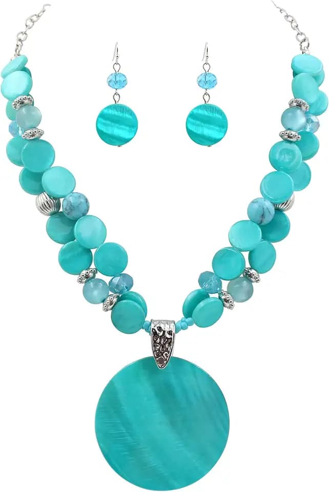 Layered Beads Statement Fashion Necklace Chunky Jewelry Set Big Colorful Glass Stone Circle Shell Pendant Choker Necklace and Earring Set for Women