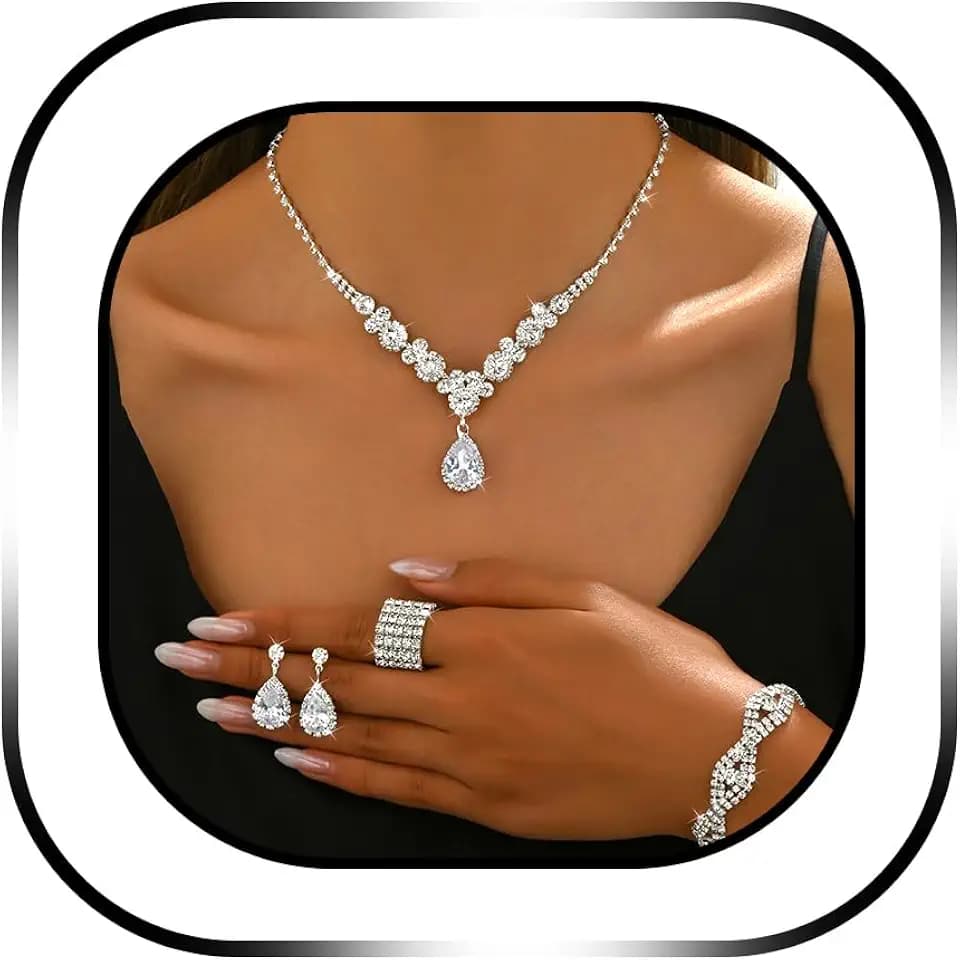 Rhinestone Jewelry Set Crystal Pearl Necklace Bracelet Earrings