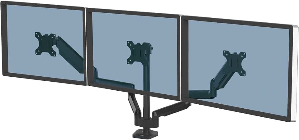 Fellowes Monitor Halterung für 3 Monitore bis je 27 Zoll (68,5 cm) - Platinum Series Monitor Arm mit Gasfeder, USB Ports - Befestigung mit Klemme oder Kabeldurchlass - schwarz