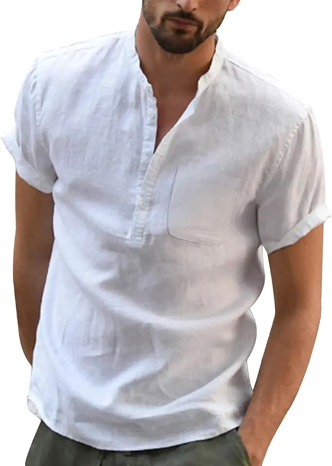 Leinen Hemd Herren Kurzarm Sommer Shirt Männer Henley mit Brusttasche Universal Fit