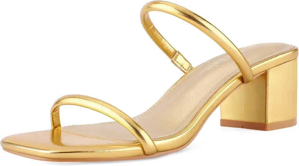 Shoe'N Tale Strappy Heels for Women Square Open Toe Two Strap Low Block Heel Slip on Dressy Sandals Shoes