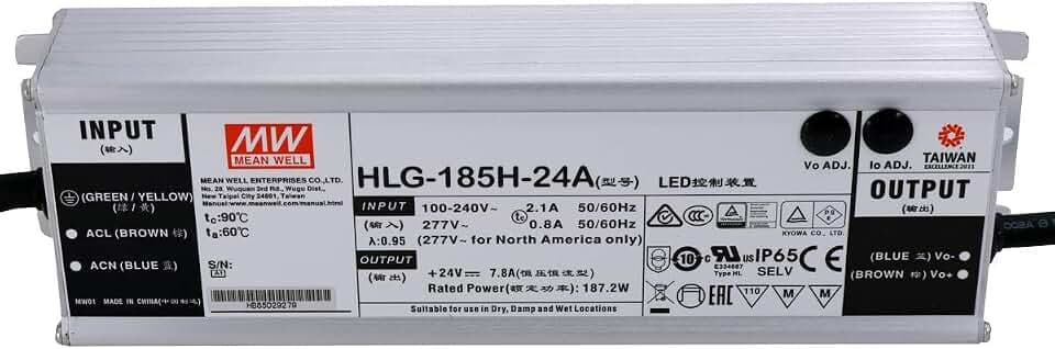 HLG-185H-24A: MEAN WELL LED-Netzteil 185W, 24V, IP65, Spannung & Strom einstellbar (24V 185W)