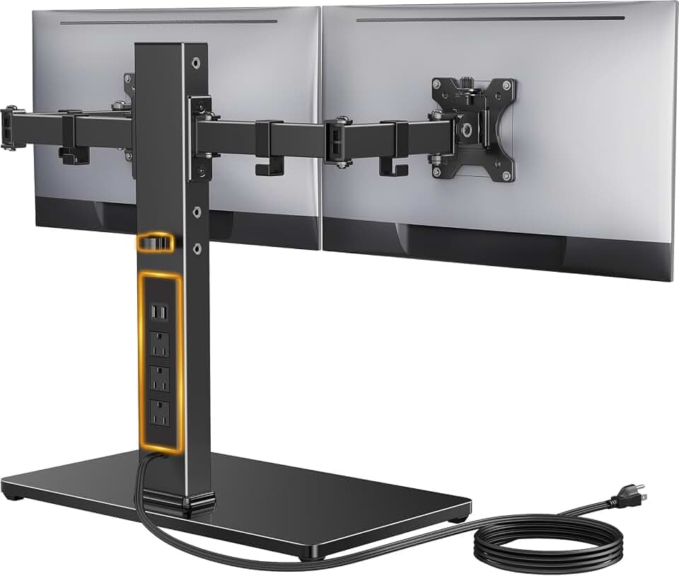 Perlegear Dual Monitor Stand with Power Strip, Freestanding Computer Monitor Stand for 2 Screens up to 32 Inch, Monitor Stand Riser with Glass Base and Adjustable Arms, Holds 22 lbs per Arm, PGTVS41B