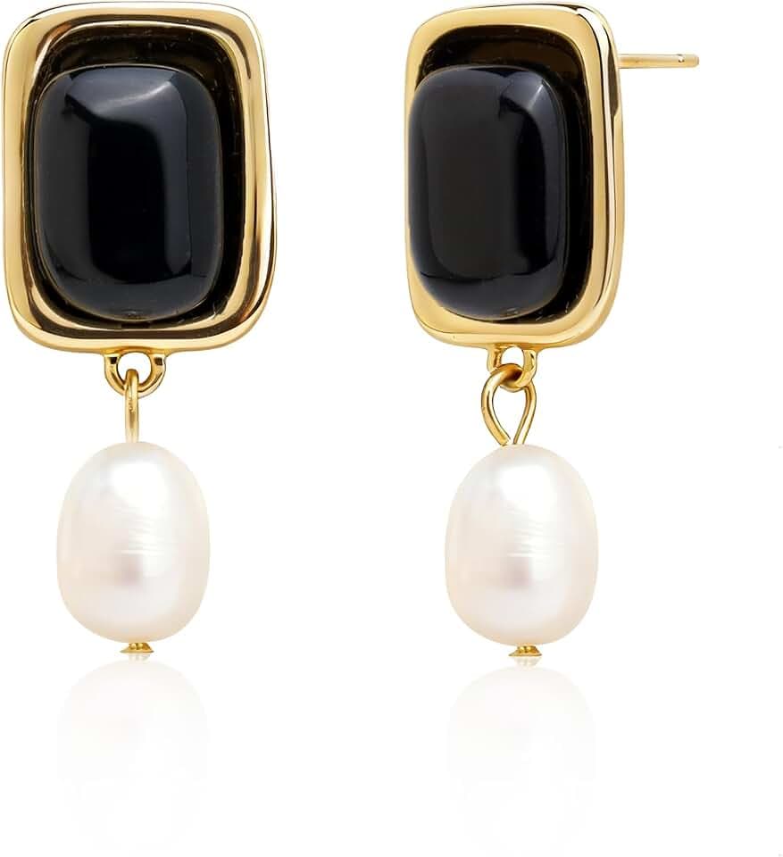 Sonateomber Gold Gemstone Pearl Dangle Drop Earrings for Women