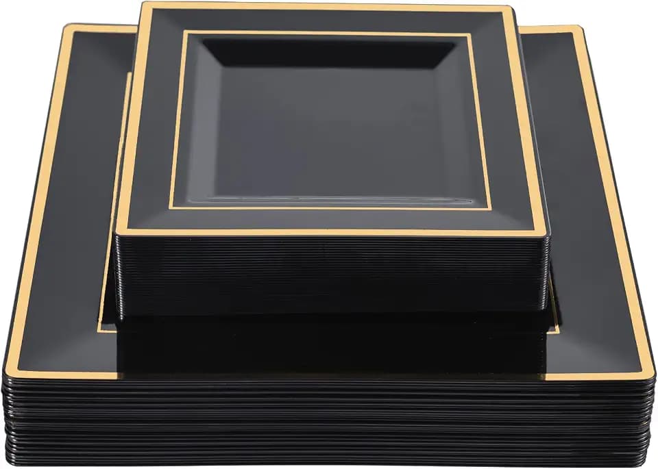 N9R 60PCS Black and Gold Square Plastic Plates, Disposable Plates for Party