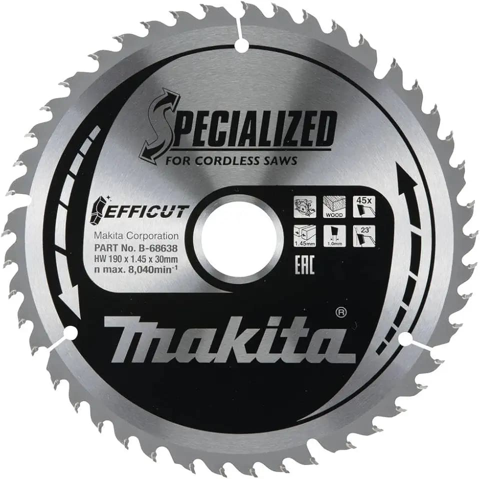 Makita B-68638 EFFICUT Metal Kreissägeblatt Ø 190 x 1,45 x 30 mm, 45 Zähne, 23° Zahnwinkel, für saubere und schnelle Schnitte in Holz, für Akku-Handkreissägen