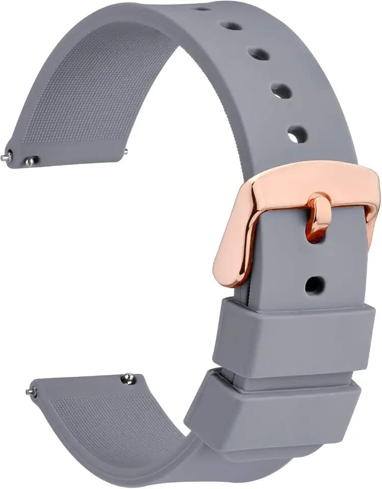 WOCCI 14mm Silicone Watch Band with Rose Gold Buckle, Soft Rubber Replacement Straps with Quick Release (Grey)
