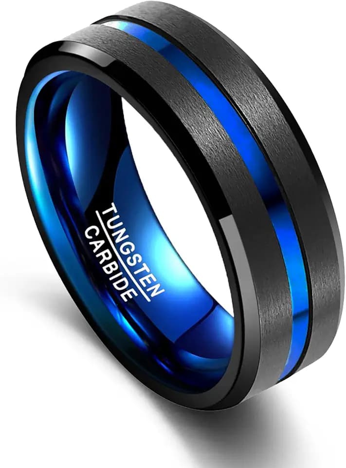 Vakki 8mm Wolfram Ring für Herren, Dünne Rille, Schwarz-Blau Zweifarbig Ringe für Hochzeit und Alltag, Komfortpassform, Abgeschrägte Kanten, Größe 50.6(16.1)
