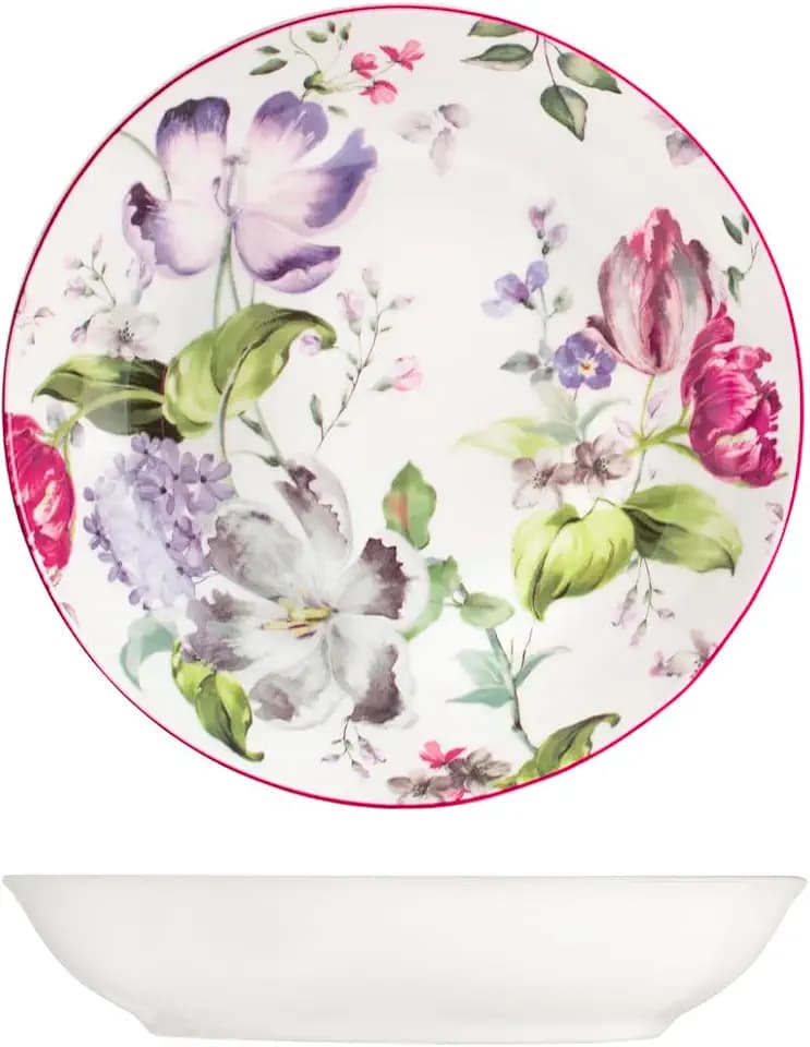 H&H Madam Set mit 12 tiefen Tellern, Porzellan, Blumendekor, Weiß, 21 cm