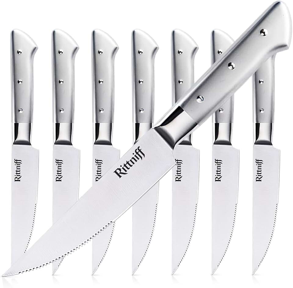 Steak Knives Set of 8, 5-Inch Serrated Stainless Steel Dinner Knives with Wide 304 Stainless Steel Handles, Gift Box for Family Dining and Entertaining, Silver