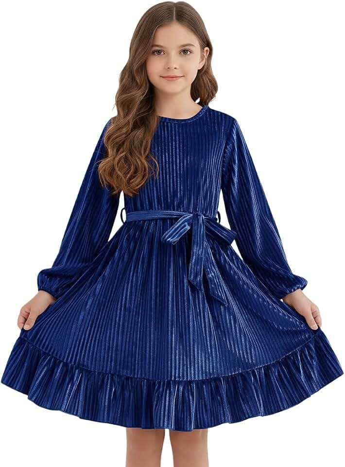 Mädchen Samtkleid Langarm mit Gürtel Kinder Casual Herbst Winter Hohe Taille Elegant Einfarbig Weihnachtskleid Vintage Party Festlich Geburtstag Kleider Größe 6 7 8 9 10 11 12 13 Jahre