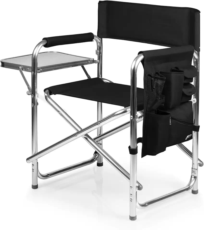 PICNIC TIME Sports Chair with Side Table and Armrest Caddy, Lightweight Aluminum Folding Outdoor Camping Chair for Adults, Portable Director Style Lawn Seating with Pockets & Carry Strap, (Black)