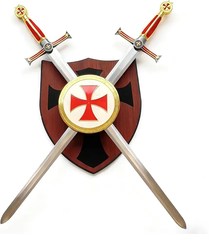 Medieval Red Cross Double Swords Set - Exquisite Metal Medium Short Swords with Wall Mount