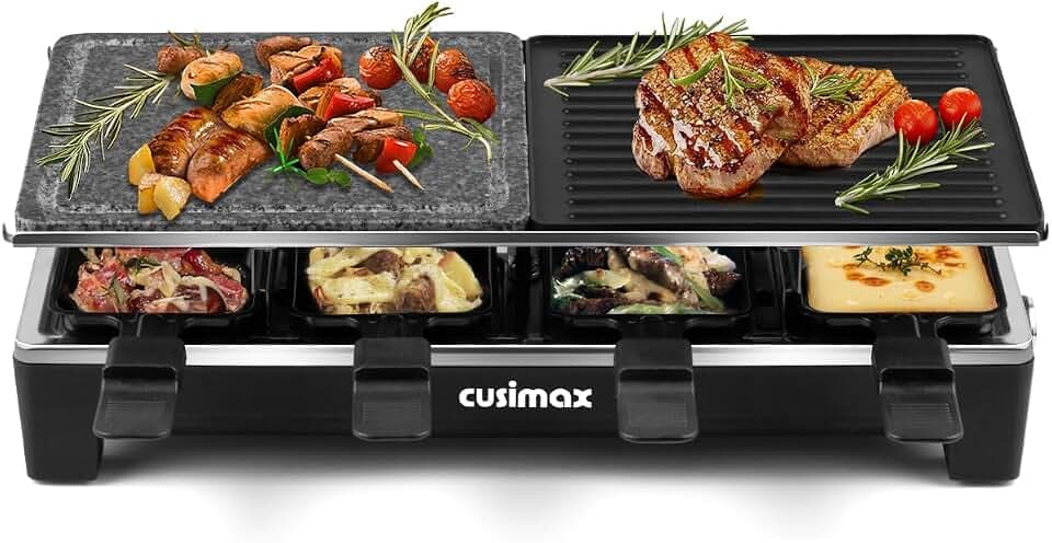 CUSIMAX Raclette Grill mit Reversible Grillpfanne & Natürlichem Grillstein, Raclette Partygrill für 8 Personen, Stufenlos Regulierbare Temperatur, 8 Mini Pfännchen, Antihaftbeschichtung,1500W,Schwar