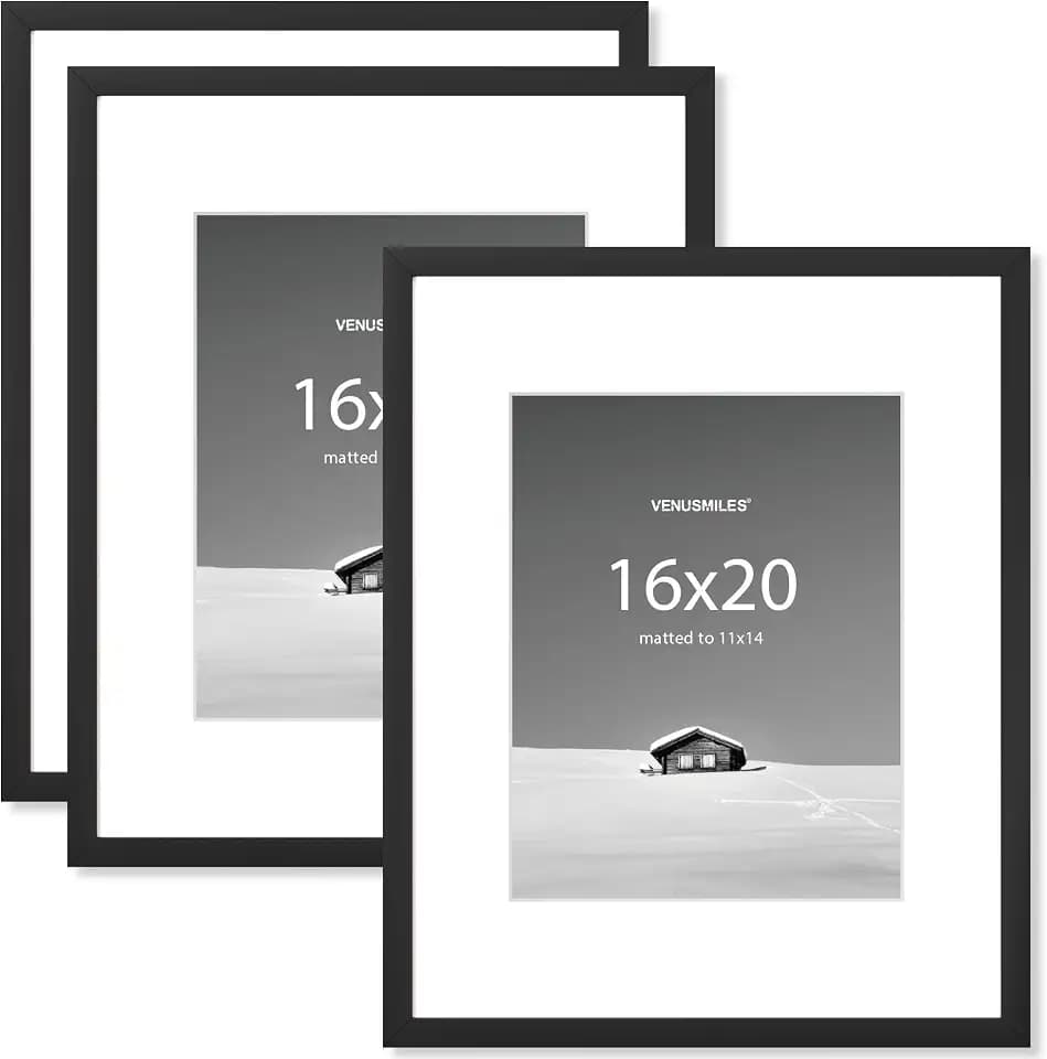 Venusmiles 16x20 inch Picture Frame, 16x20 Photo Frames with 11x14 Removable Mat - High Definition Plexiglass - Vertical and Horizontal Display - Wall Hanging Frame - Black, 3 Pack