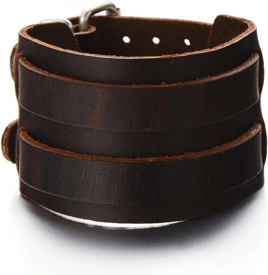 COOLSTEELANDBEYOND Große Leatherarmband für Herren Punk Rock Armreif Schwarz Echtes Leather mit Zwei Schnallen