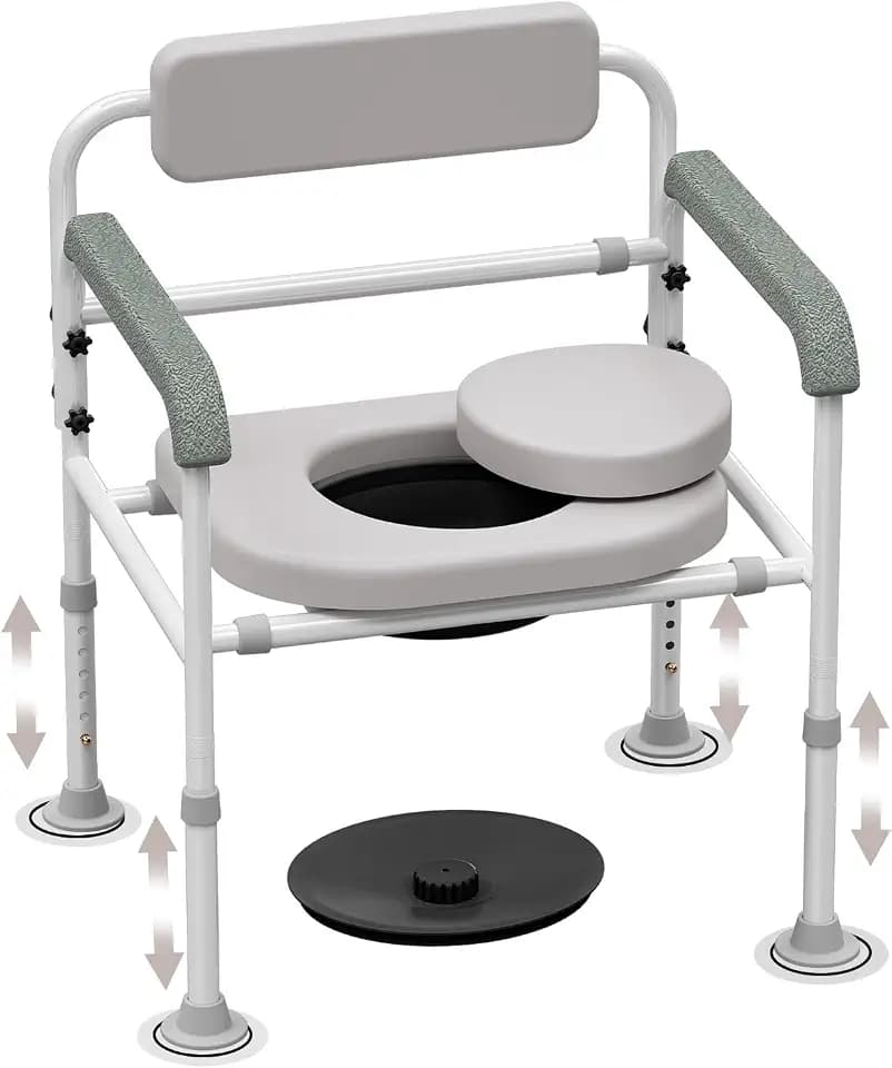 Adjustable Medical Bedside Commode Chair with Padded Backrest, Arm Support, Height Adjustable，Gray