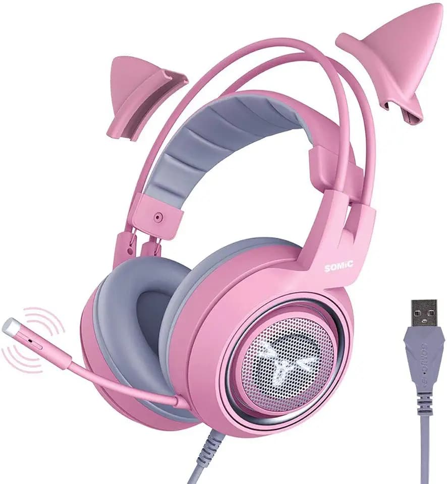 Somic G951rosa Rose Kat Gaming Headset Kopfhörer mit Virtuell 7.1 Klingen und LED Licht, Mikrofon für Computer, PS4, Laptop an Freundin, Frau (USB Stecker) USB-Buchse Rose