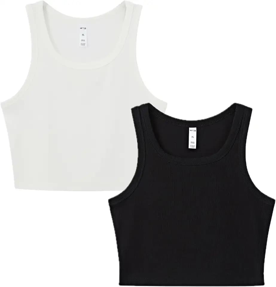 ARRIA Ribbed Crop Tank Top for Women – Soft Slim Fit Scoop Neck Sleeveless Shirt, Fitted Basic Cute Summer Tops 2025, Stretchy Casual Everyday Tank (2 Pack, Black/White, Small)