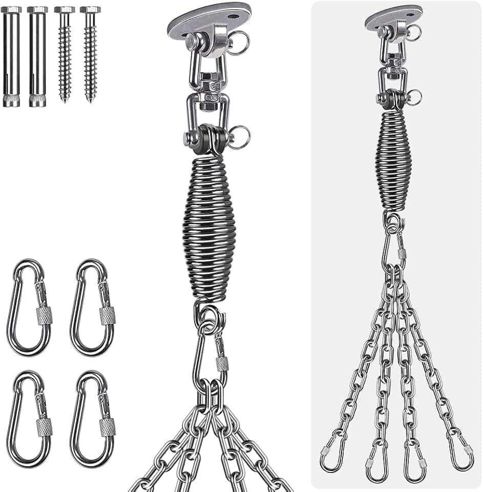 BeneLabel Schaukel Deckenhaken Edelstahl, Hängematte Befestigung Schwerlast 360 Derhbar Hängesessel Aufhängung Feder 4x37cm Kette Schraube für Holzbalken/Betondecken Boxsack Deckenhalterung, 159kg