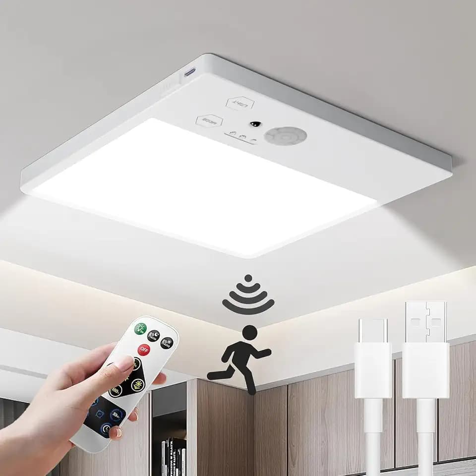 Rechargeable Motion Sensor Ceiling Light with Remote 500LM Wireless Magnetic Mount LED for Closet Shower Stairs Pantry, 3 Color Temperatures Dimmable Battery Operated