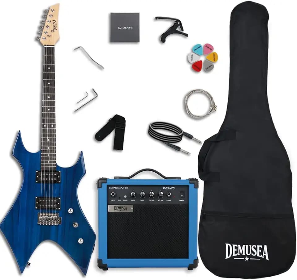 Trans Blue Electric Guitar Kit With 20W Amplifier Solid Paulownia Body Maple Neck HH Pickups Single Tremolo For Beginner Starter Practice Gigbag Strap Cable Capo (Unique Shape, Transblue)