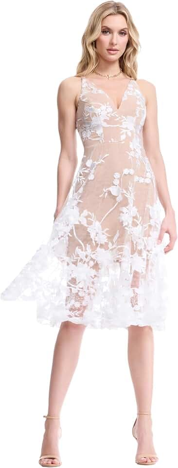 Dress The Population Womens Audrey Spaghetti Strap Midi A-line 3D Floral Dress
