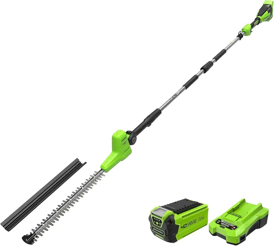Greenworks 40V Akku Stabheckenschere mit geteiltem Schaft, 51 cm Doppelklingen, schneidet bis zu 28 mm Dicke Äste, 112.5° Kopfdrehung, 3200 s/min, 2Ah Akku & Ladegerät, 3 Jahre Garantie PH40B01-01