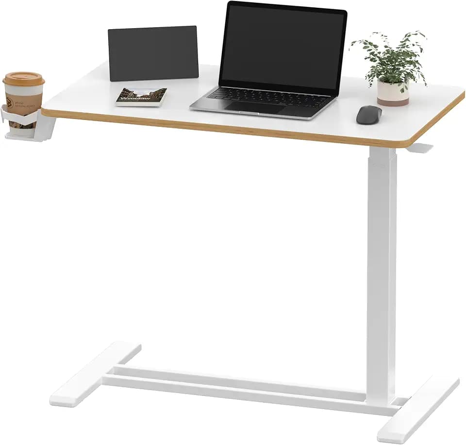 SANODESK 32''Pneumatic Adjustable Overbed Bedside Table with Hidden Casters