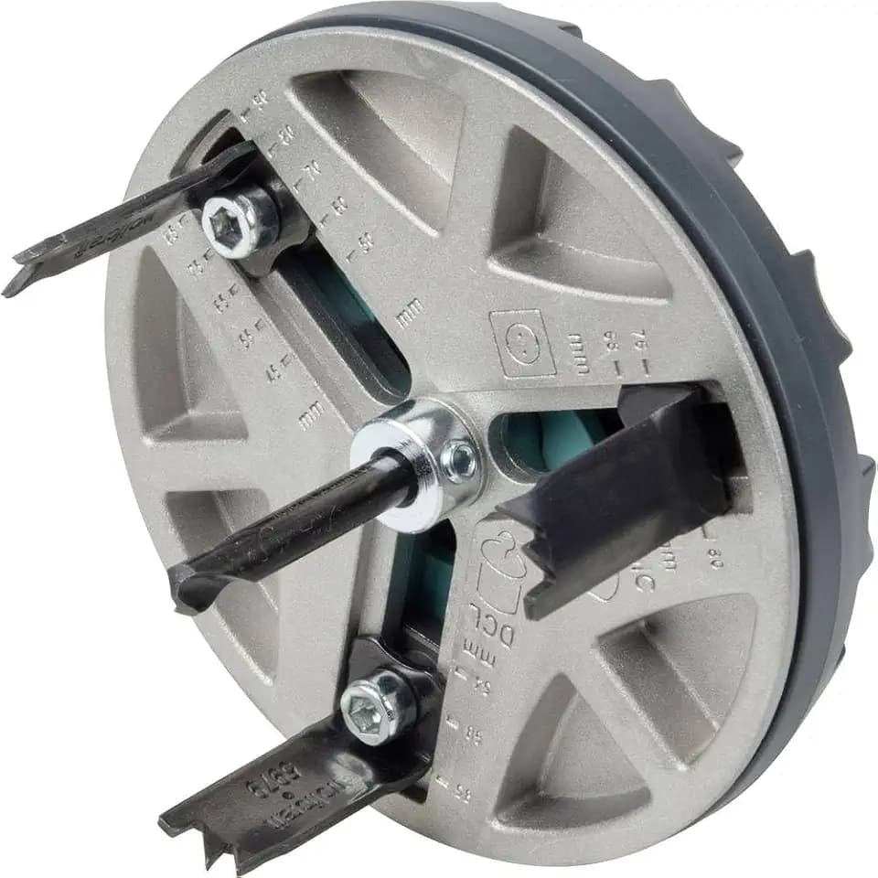 wolfcraft verstellbare Lochsäge - Verstellbarer Universal-Kreisschneider für den Akkuschrauber und die Bohrmaschine I Für Gipsplatten und Holz I Stufenlos einstellbar von ø 45-90 mm - 5977000