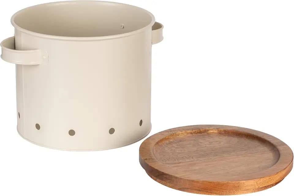 WENKO Aufbewahrungsdose Mod. Aria 3,8 Liter, Metalldose mit Akazienholz-Deckel, luftdurchlässig, Ø 18 x 16,5 cm, Beige