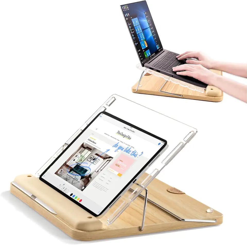 Tablet and Laptop Stand for iPad Pro Air Mini/Fire HD and MacBook,Etc.Solid Wooden Adjustable Desktop Holder Writing Drawing Stand with Wrist Rest & Pencil Holder (Natural Wood)