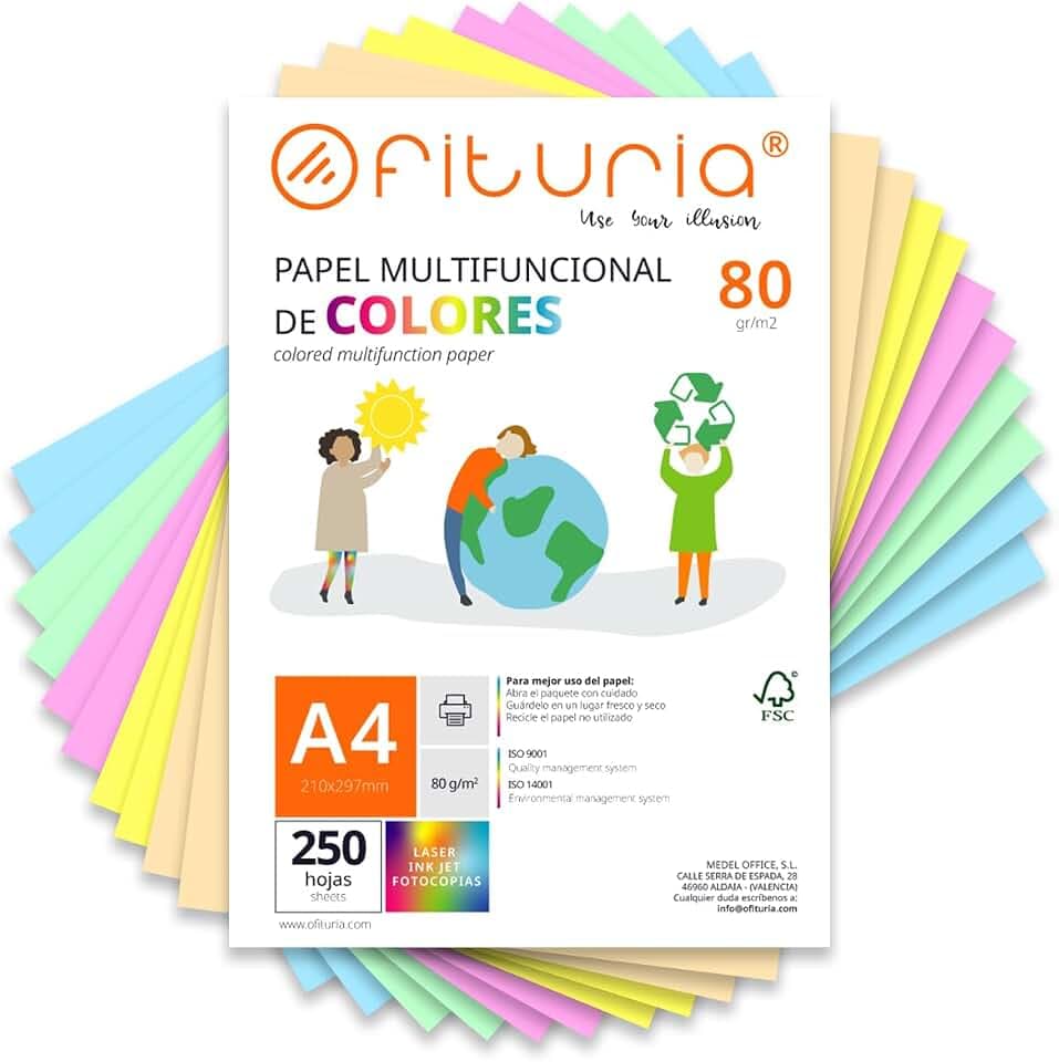 OFITURIA Buntes Papier, 250 Blatt A4 80g – Farbiges Papier für Basteln, Drucker, Scrapbooking – Farbbögen (Pastellfarben, 250 Blatt)
