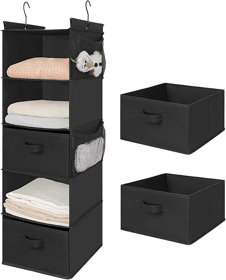 MAX Houser 5-Shelf Hanging Closet Organizer with 2 Drawers, Black-D2