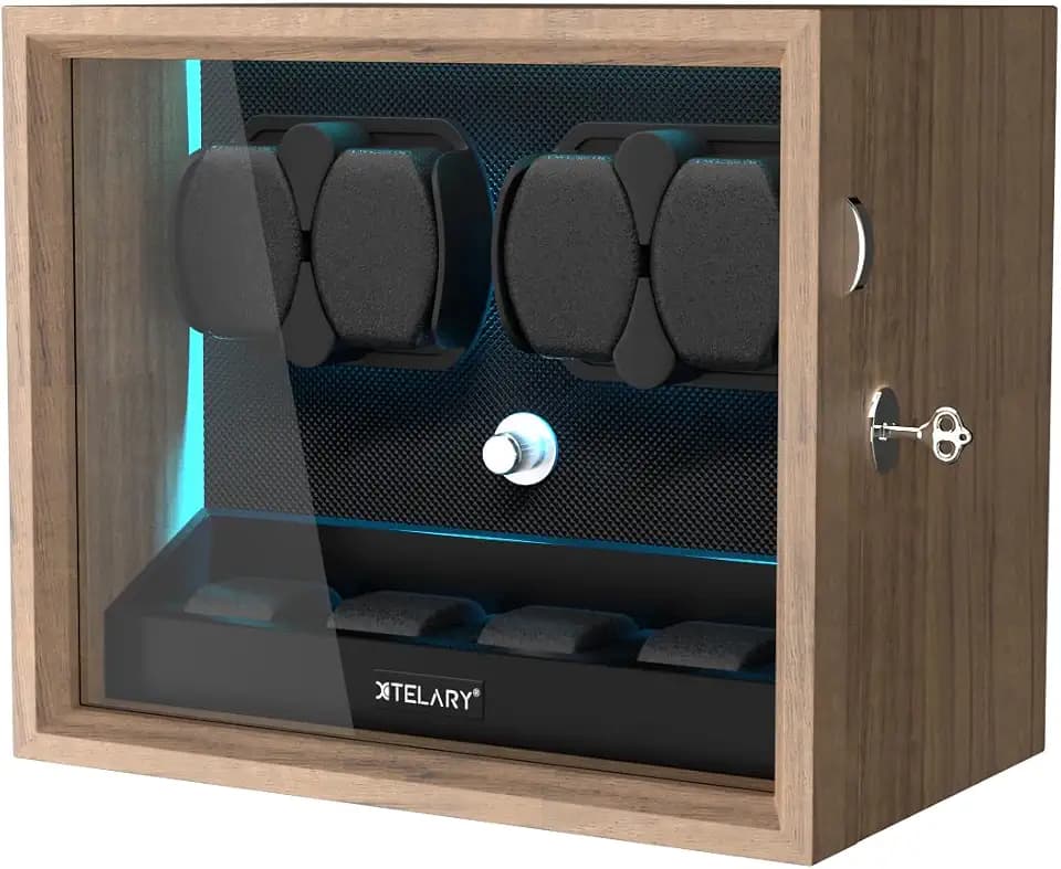 XTELARY Uhrenbeweger für 4 Automatikuhren, Abschließbarer Automatikbeweger mit 4 Rotationsmodi,Extra Uhrenfächern, Flexible Uhrenkissen, Leiser Mabuchi Motor und Blaue Hintergrundbeleuchtung