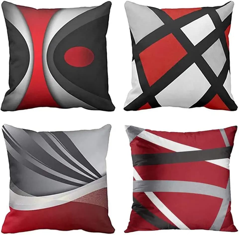 Set mit 4 Kissenbezügen, 50x50 cm, moderne abstrakte rote Streifen, grau, schwarz, weiß, Acryl, auffällig, dekorative Kissenbezüge, Heimdekoration, quadratische Kissenbezüge