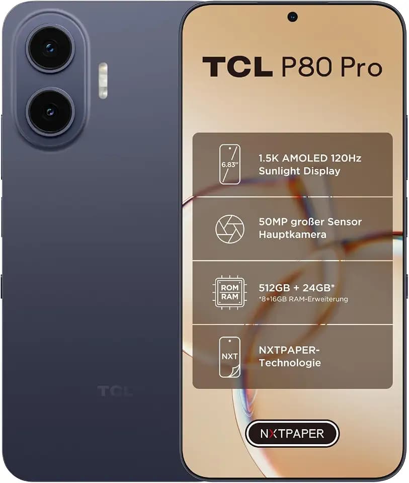 TCL P80 Pro 5G Smartphone 50MP OIS Kamera NXTPAPER Display 512GB Blau 50MP Kamera mit großem Sensor, 1.5K AMOLED- & NXTPAPER-Display, 512GB ROM, 24GB RAM, 5800mAh Akku (typ.), 45W Laden, Google Gemini