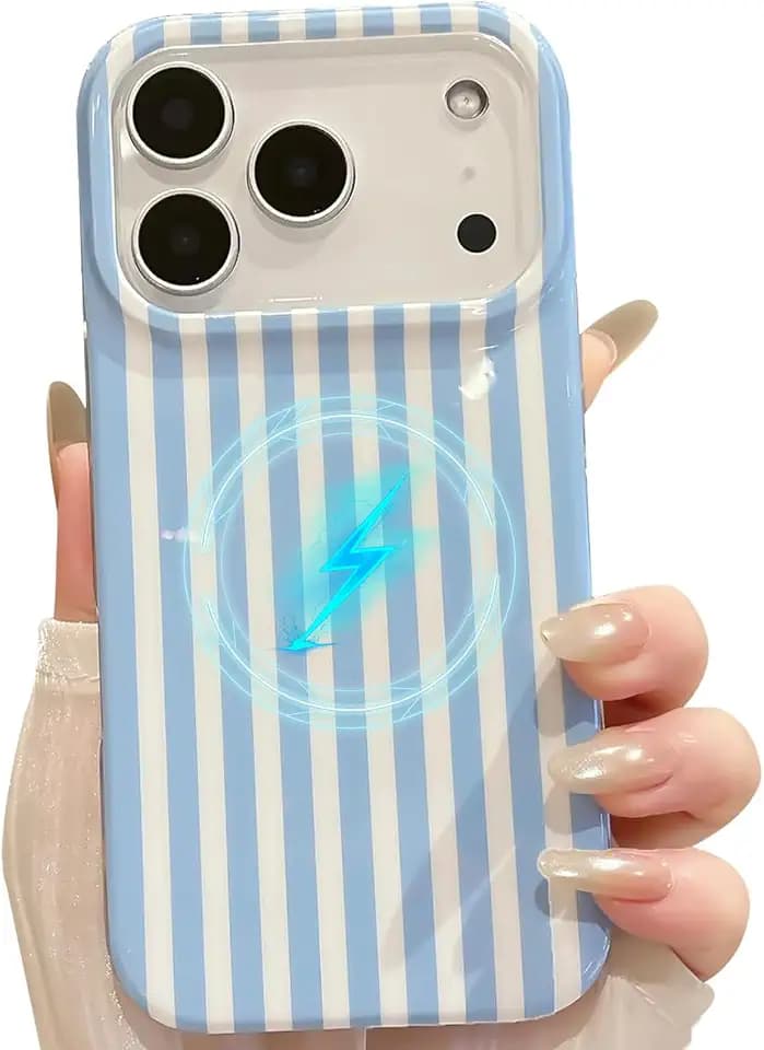 Magnetic for iPhone 17 Pro Case Striped Phone Cute Women Girly Trendy,Shockproof Slim Soft TPU and Hard PC Protective Cover Aesthetic Blue