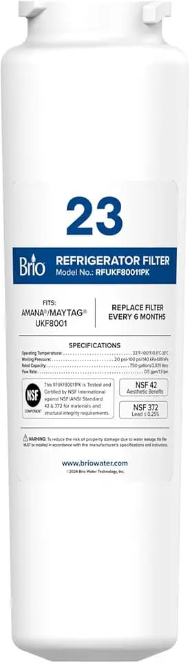 Brio Replacement Refrigerator Filter for Amana® & Maytag® UKF8001 | Significantly reduces unpleasant tastes, odors, Chlorine, and VOCs like Benzene and Formaldehyde from Fridge Water & Ice