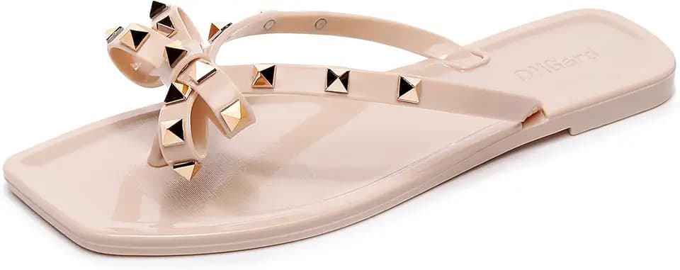 Studded Sandals for Womens Bow Flip Flops Jelly Shoes Beige Jellies Flat Size 9, Summer Beach Thong Slides with Rivets Dress Slippers Square Toe Slip On