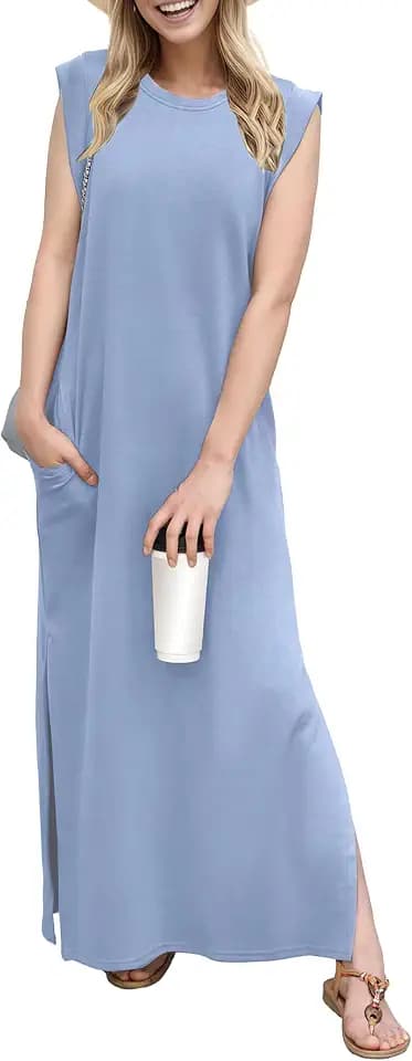 GRECERELLE Damen Sommer Maxikleid lässig Hemdkleider Elegante Stile ärmellos Maxikleider für Damen mit Schlitz und Taschen