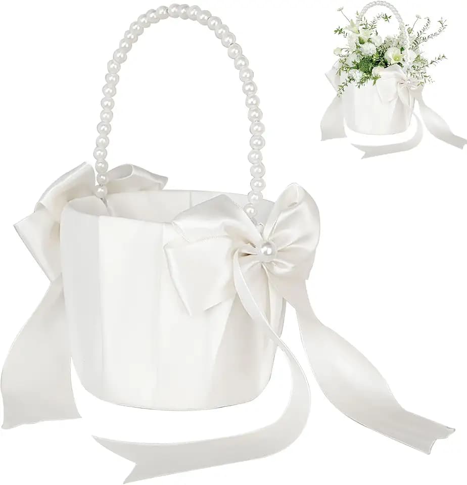 Hochzeit Blumenkorb mit Bowknot - Blumenmädchen & Blumenkinder Korb in Weiß - Satin Hochzeit Streukörbchen für Blumenkinder
