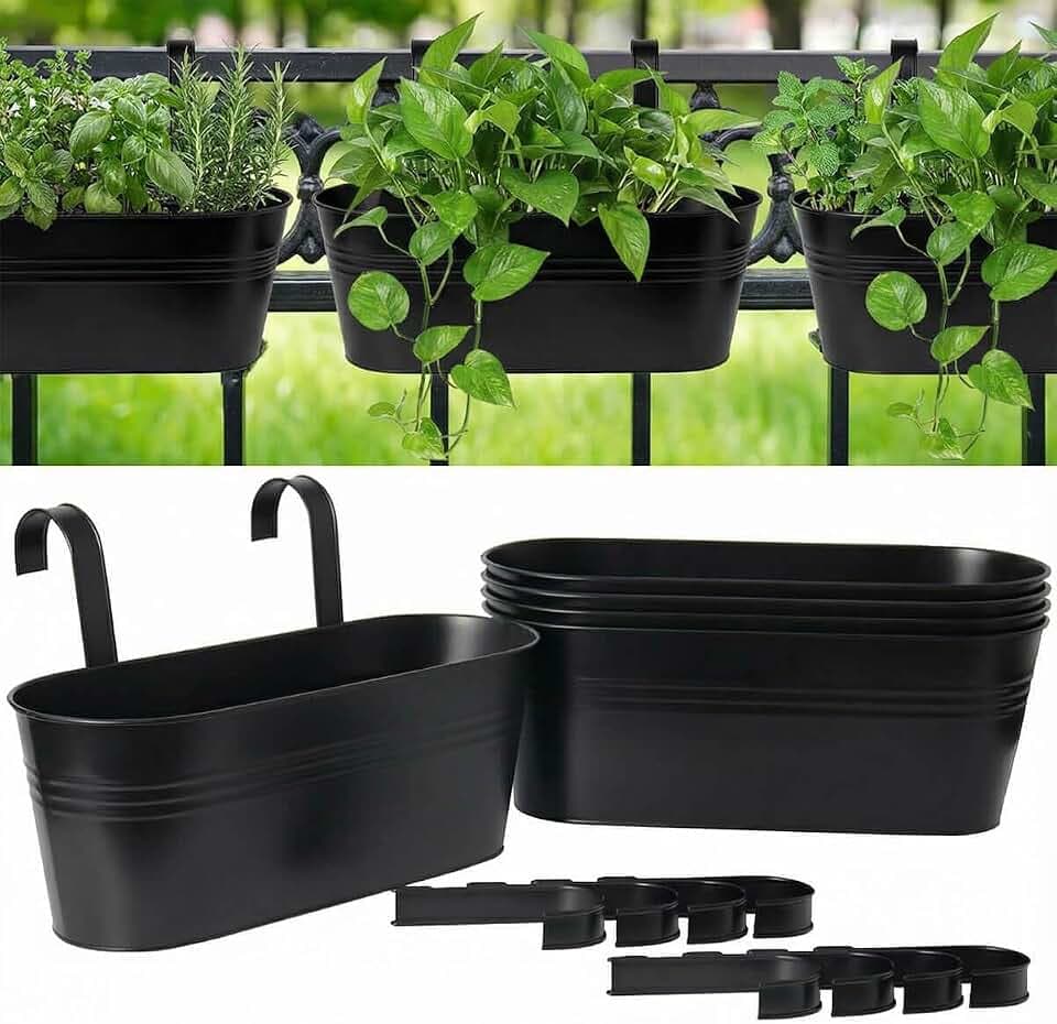 16 Inch Railing Planter Box, 5 Pack Large Metal Hanging Planters with Hooks