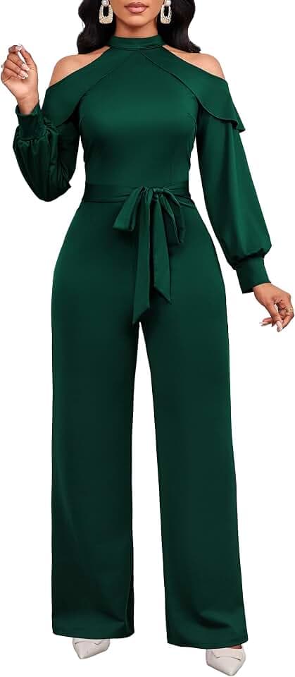 SxClub Jumpsuits for Women Dressy Cold Shoulder Business Rompers with Belt