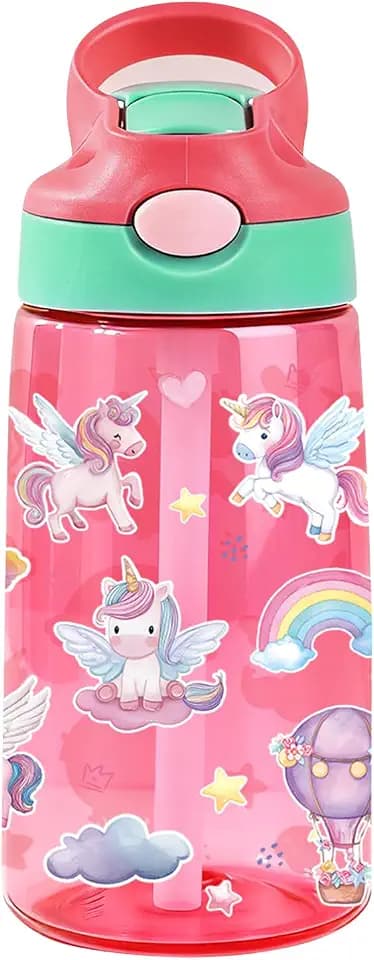 14oz Pink Water Bottle Kids Leakproof, Unicorn Cup with Flip-Up