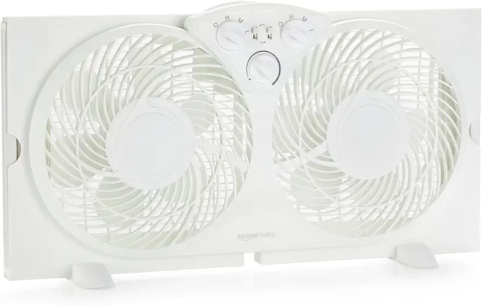 Amazon Basics Window Fan for Home Bedroom, Twin Heads, Cooling Airflow, Exhaust, Expandable Side Panel, Manual Control, 3 Speeds, 63W, 9 inch, White